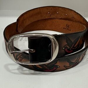 Brown Leather Belt with Bird Design Size 34 Unisex